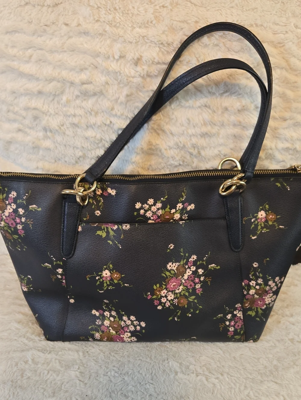Coach Floral Print Black Leather Tote Bag With Large Gold Coach Tag